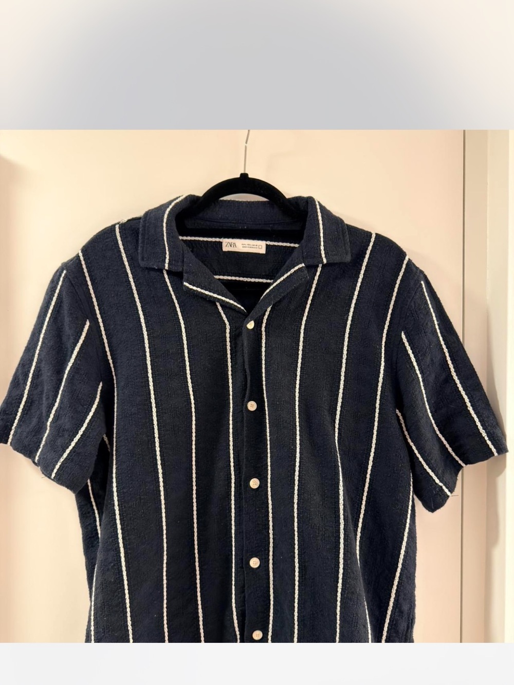 Zara Navy Short-Sleeve Button-Down Shirt with White Vertical Stripes